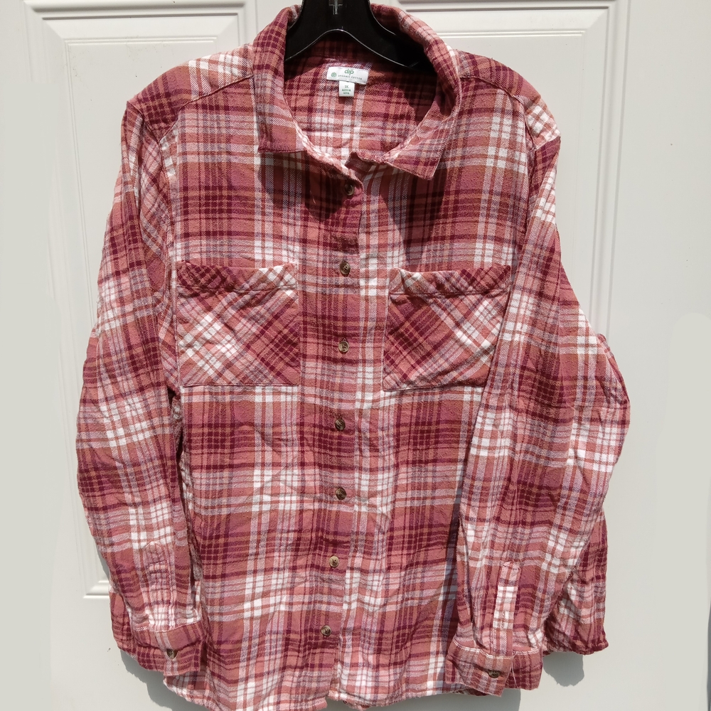 dip Organic Cotton Flannel Plaid Button-Front Shirt Size 1X Rust Red White